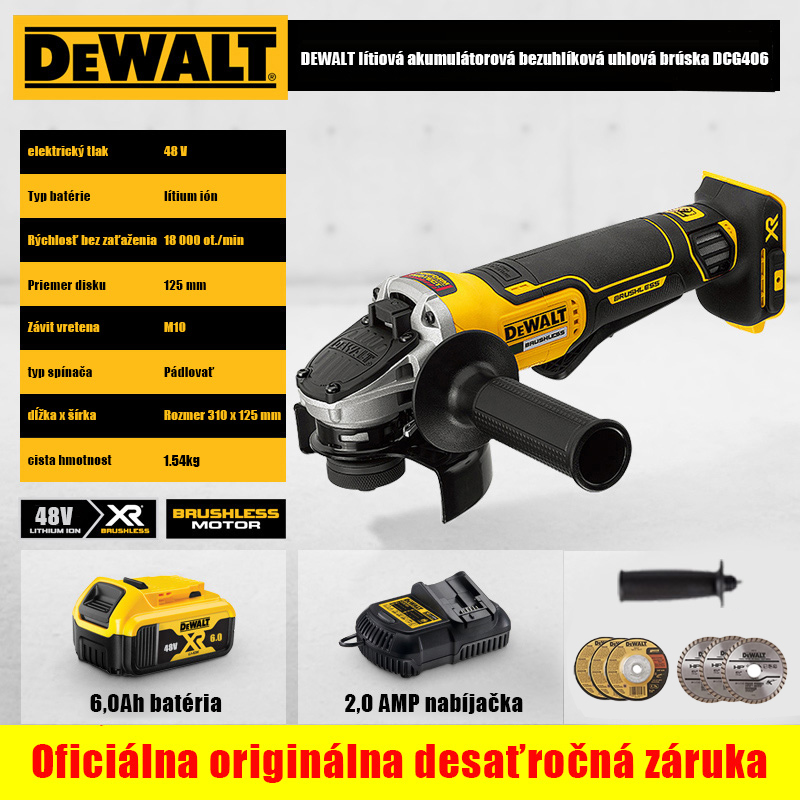 48V 1600W uhlová brúska Dewalt + lítiová batéria + 18AMP nabíjačka